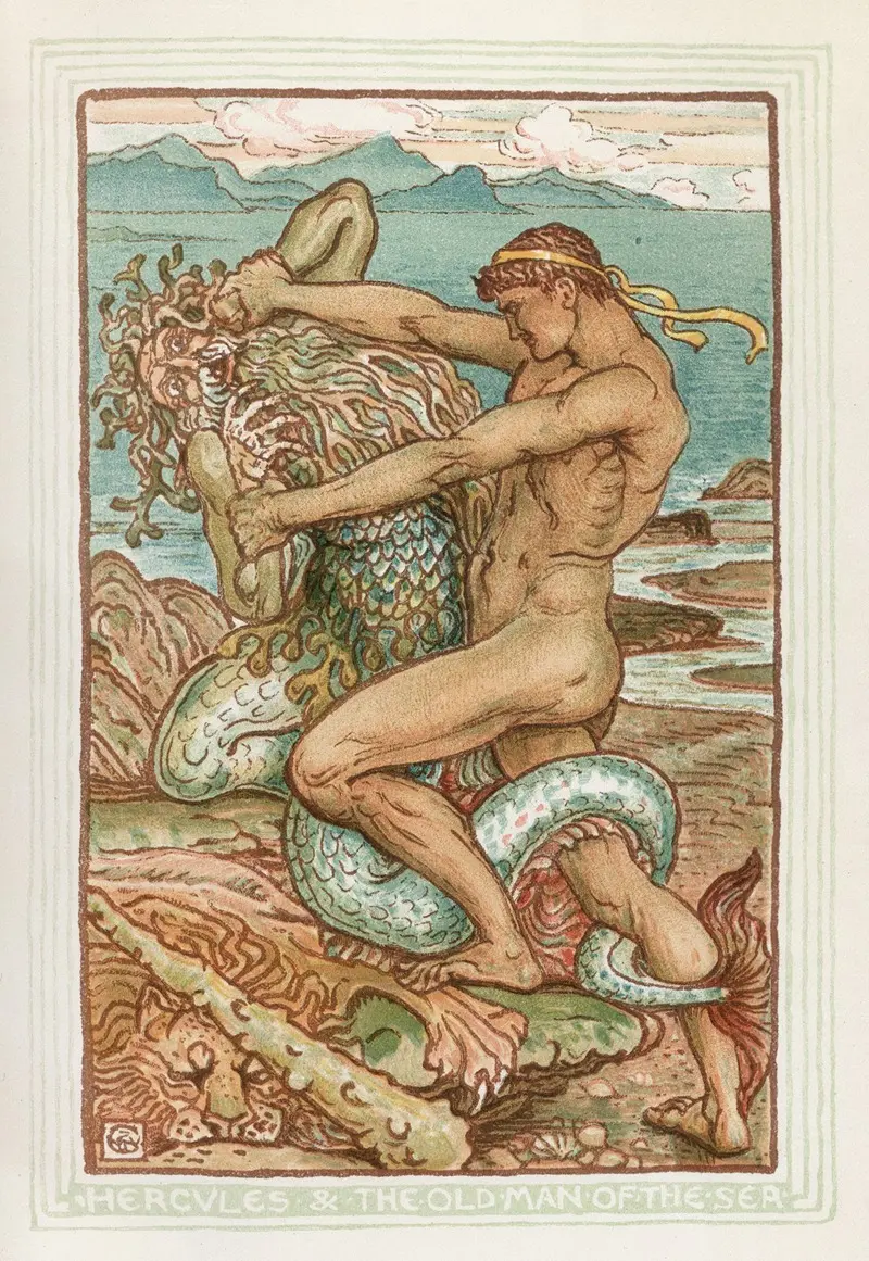 Walter Crane's painting depicts Hercules confronting the Old Man of the Sea.