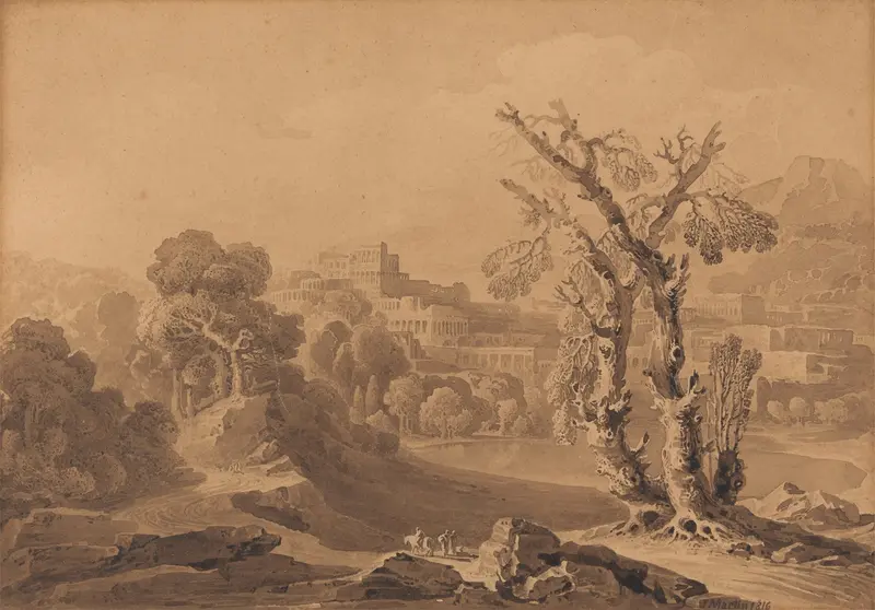 Classical City in Landscape by John Martin, oil painting depicting a city at twilight surrounded by cliffs.
