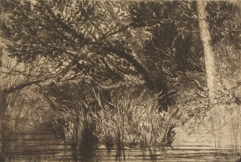 Etching by Francis Seymour Haden depicting a tranquil brook and nature.