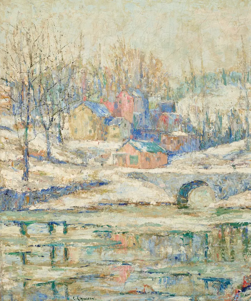 Winter landscape with a creek, oil on canvas by Ernest Lawson
