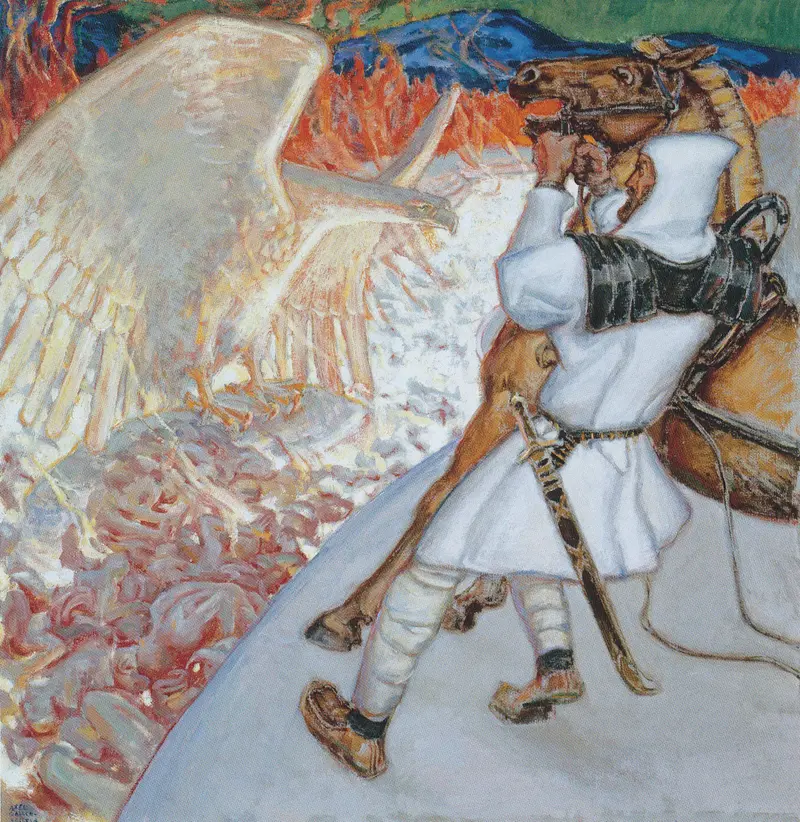 A man in white stands at the edge of a river blazing with fire, a spectral bird above him.