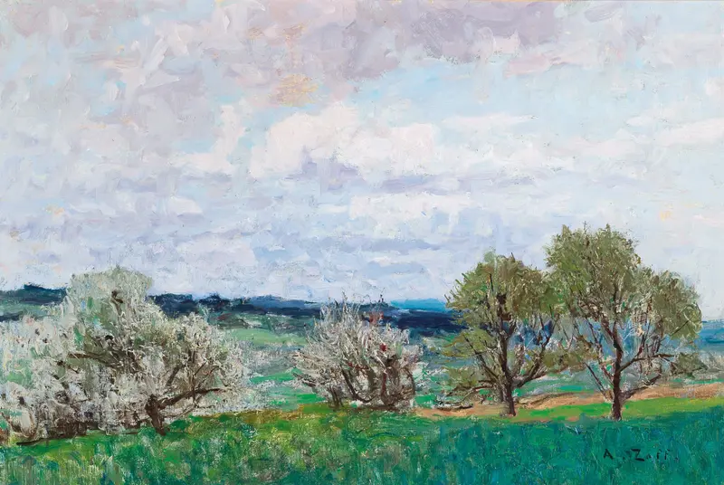 Oil painting by Alfred Zoff depicting blossoming trees in a serene landscape