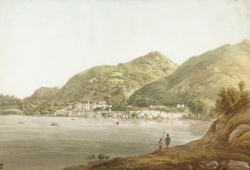 Lavano at the Lago Maggiore by Joseph Rebell, oil on canvas depicting a tranquil lake at dawn.
