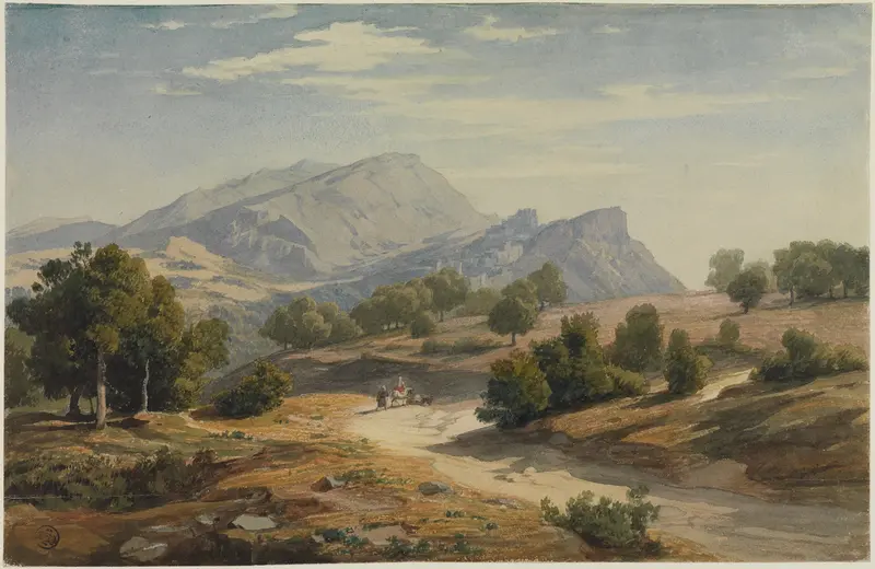Landscape oil painting by Johann Wilhelm Schirmer depicting Rocca Canterano at dusk.
