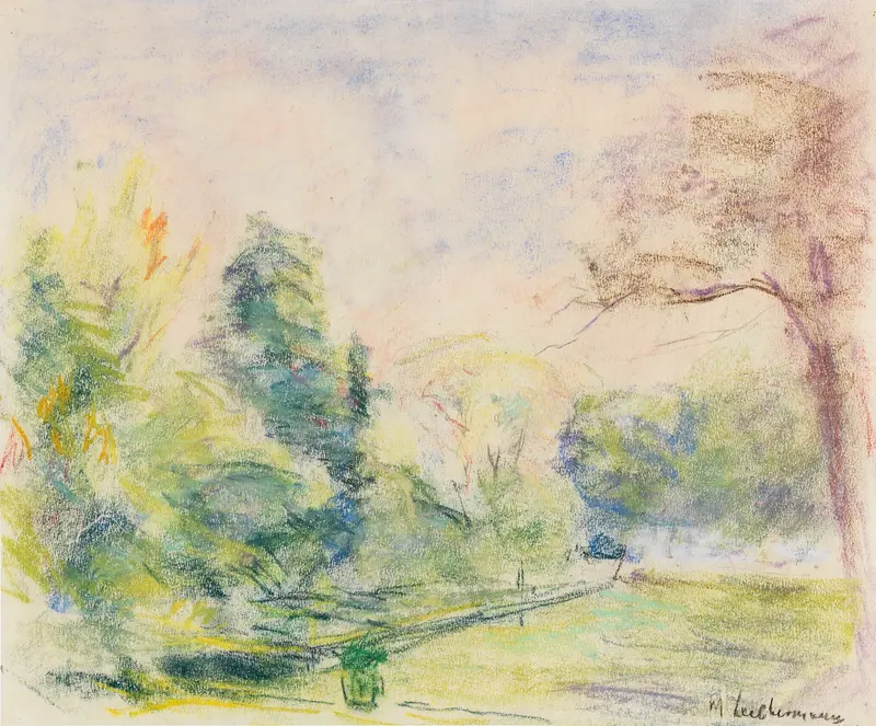 Blick in meinen Garten by Max Liebermann, oil on canvas depicting a vibrant garden with sunlight.