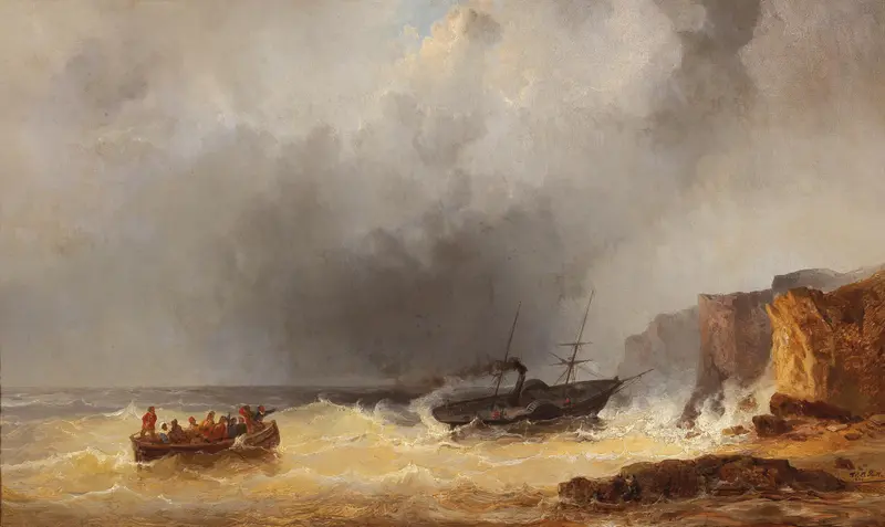 Steamship in distress at sea, oil on canvas by Josef Carl Berthold Püttner