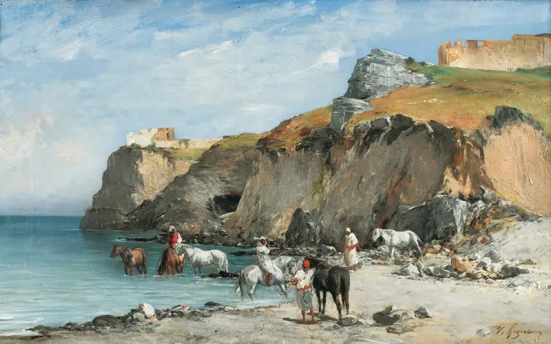 Oil painting by Victor Huguet depicting horsemen on the beach with a stormy sky