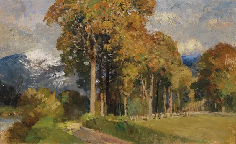 Autumn landscape with tall trees and warm colors, oil painting by Marie Egner