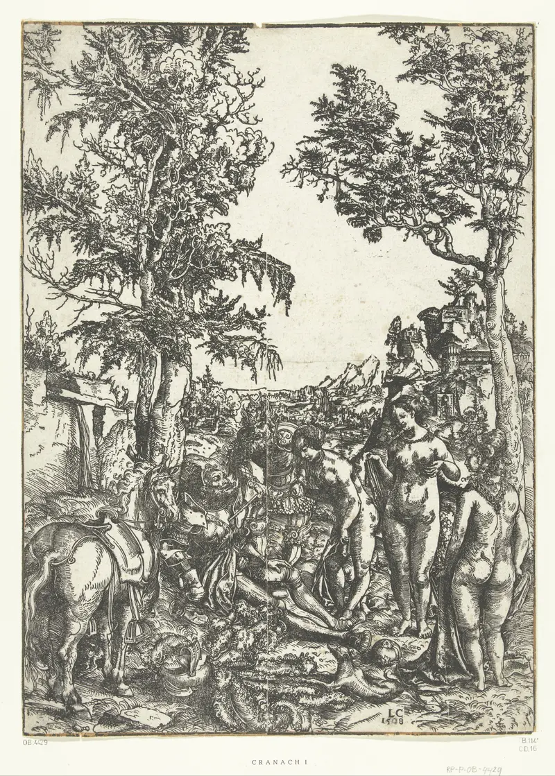 Oordeel van Paris by Lucas Cranach, 1508, paper, depicting Paris in contemplation surrounded by nature.
