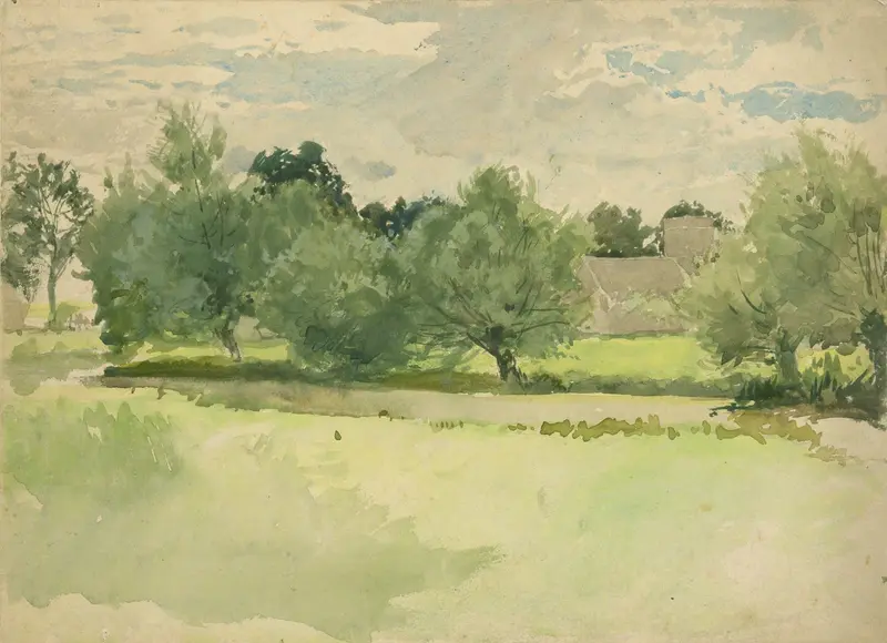 Landscape with a meadow and church in the background, oil on canvas by Edwin Austin Abbey