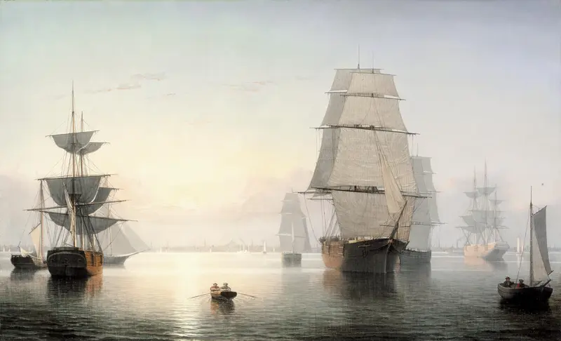 Boston Harbor at sunset, oil painting by Fitz Henry Lane