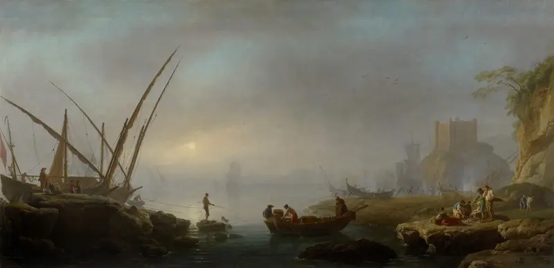 Italian port scene with boats and sunset, oil on canvas by Charles-François Grenier De Lacroix