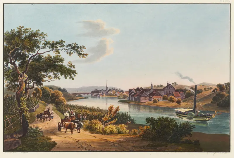 Landscape with a river and village at sunset, oil painting by Johann Ludwig Bleuler