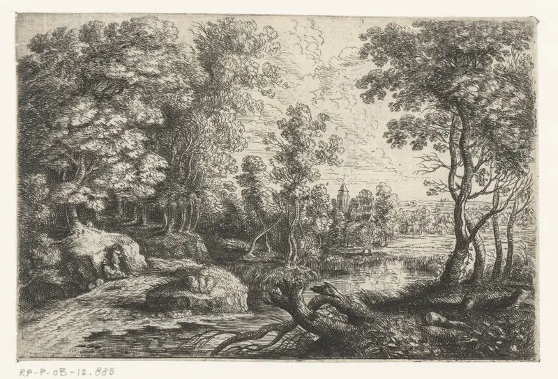 Landschap met een beek en twee mannen rustend onder een boom, etching by Lucas van Uden