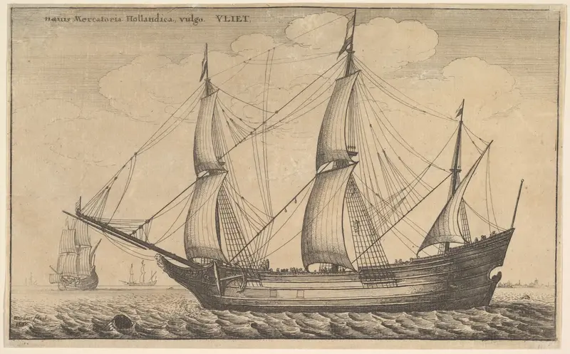 A detailed etching depicting a Dutch merchant scene.