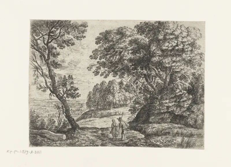 Etching by Lucas van Uden depicting a man and woman conversing in a landscape