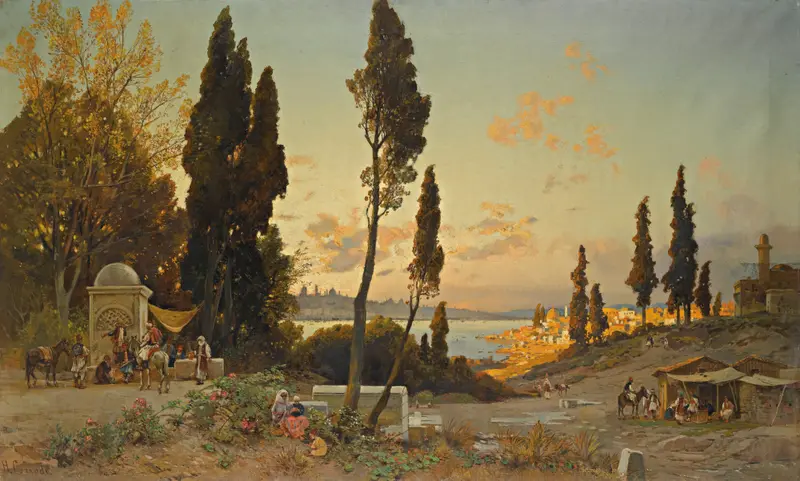 View Across The Bosphorus, Constantinople by Hermann David Salomon Corrodi, oil painting depicting a landscape.