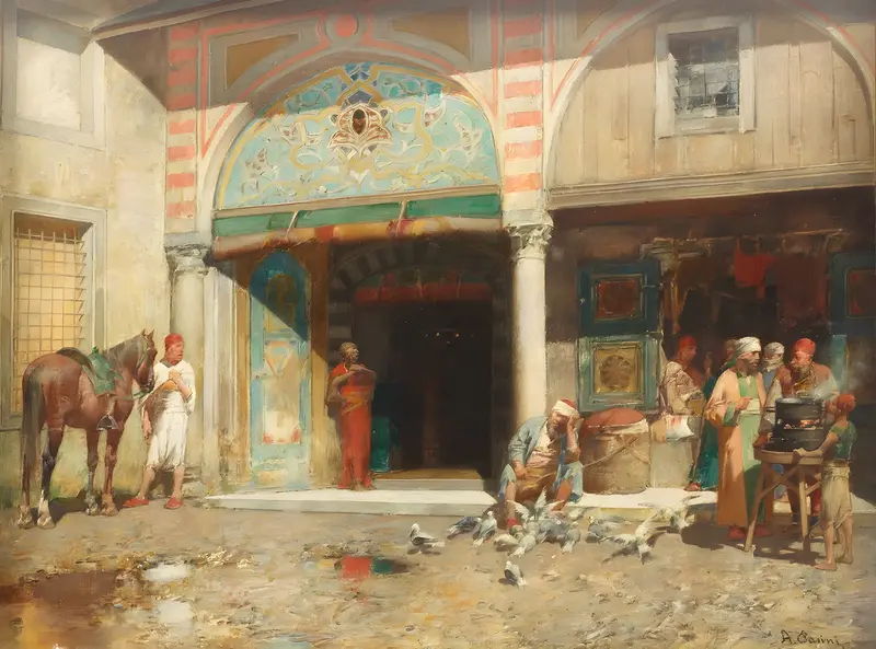 Alberto Pasini's 'Outside the mosque' depicts a serene architectural scene.