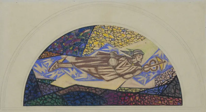 This artwork features the figure of Mercury in a design for a post office window in Utrecht.