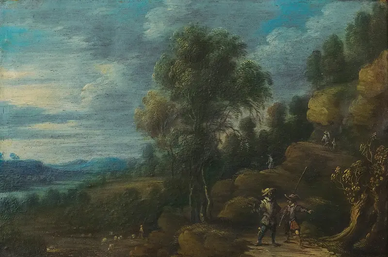 A Wooded Landscape With Figures On A Path, oil painting by Lucas van Uden