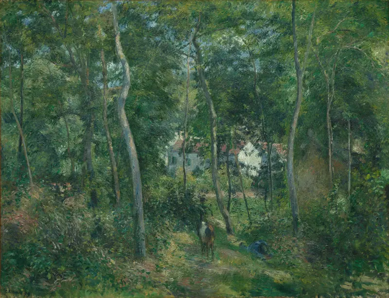Edge of the Woods Near L’Hermitage, Pontoise by Camille Pissarro, oil painting of a forest with sunlight.