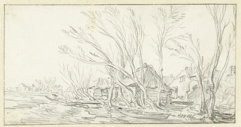 Landschap met kromme kale bomen voor boerderijen by Jan van Goyen, paper medium depicting bare trees and hills.