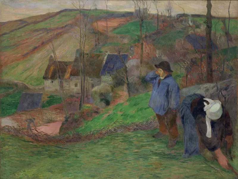 Landscape of Brittany by Paul Gauguin, oil painting depicting vibrant hills and horizon.