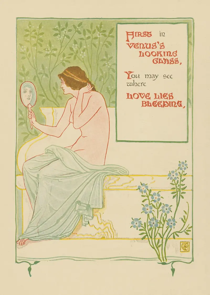 A depiction of Venus gazing into a mirror, surrounded by lush flora.