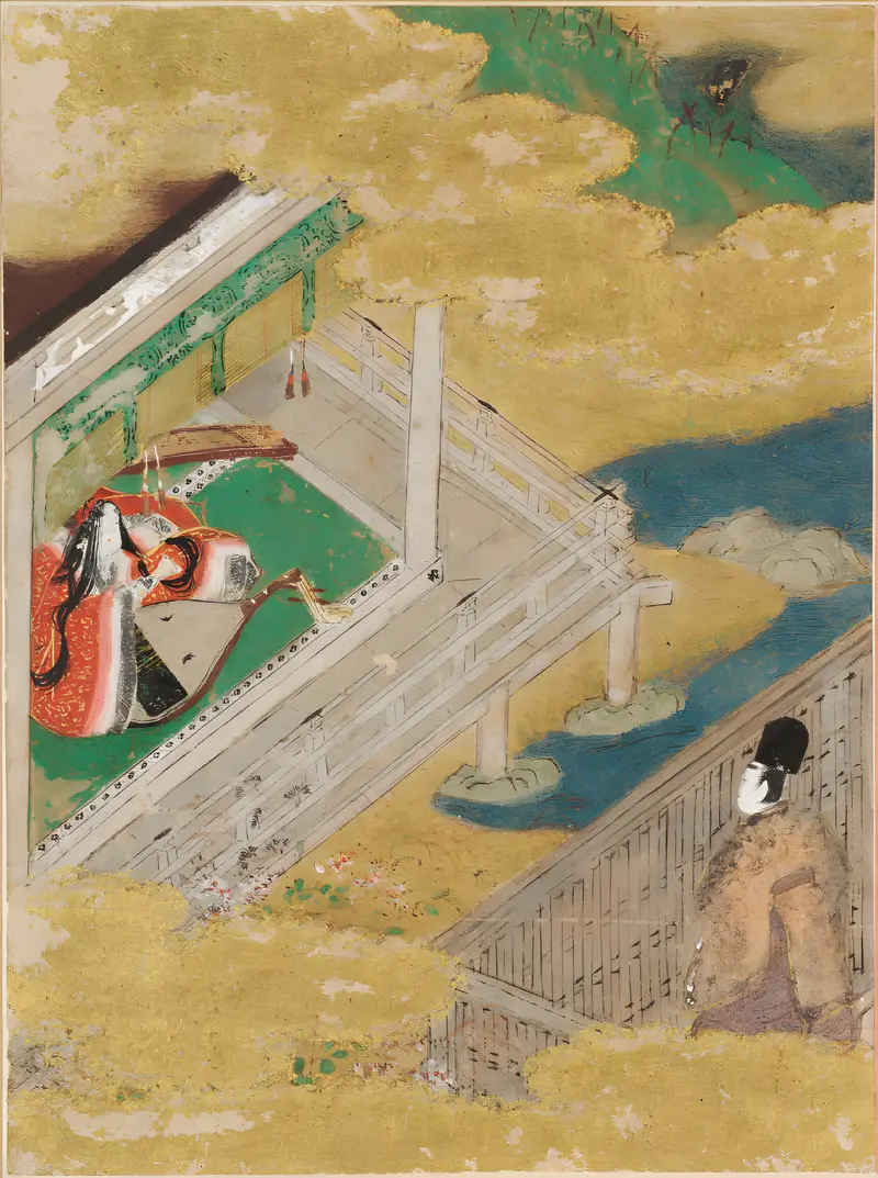 Gold illustration of a maiden on a bridge by Tosa Mitsunobu