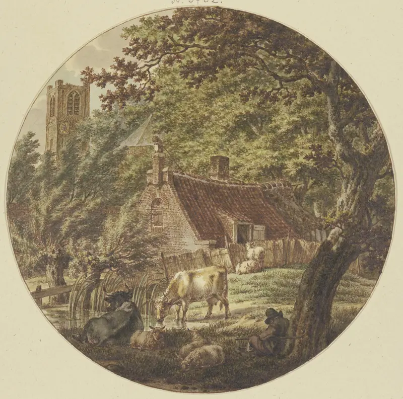 Landscape featuring a cottage and church tower by Jacob Cats, oil painting