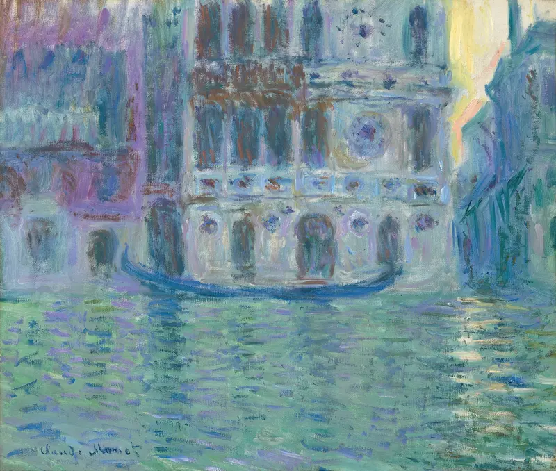 Le Palais Dario by Claude Monet, oil on canvas, depicting a lagoon with reflections and architecture.