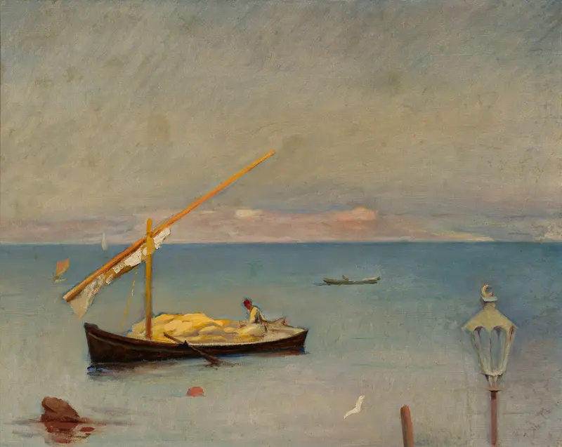 At Bosporus by Jan Ciągliński, oil on canvas depicting a tranquil sea at sunset.
