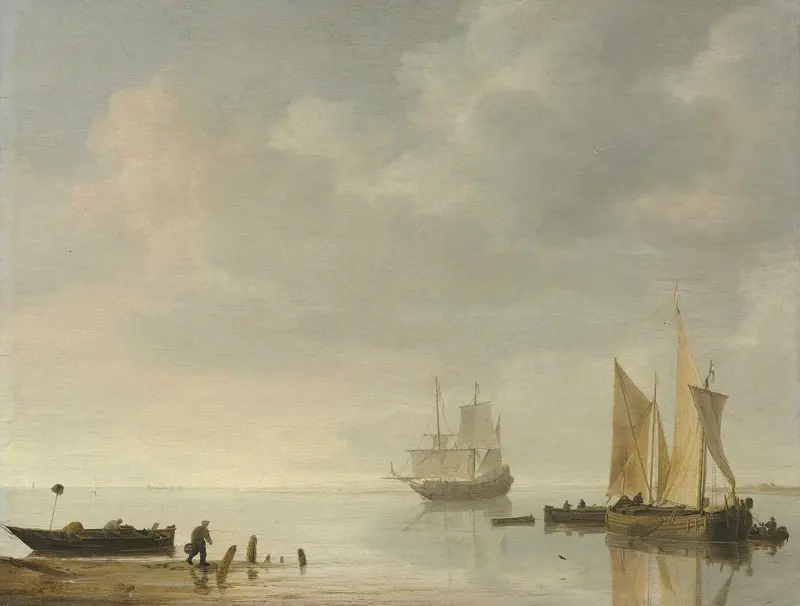 Coastal scene with ships resting on calm waters, oil on canvas by Simon de Vlieger
