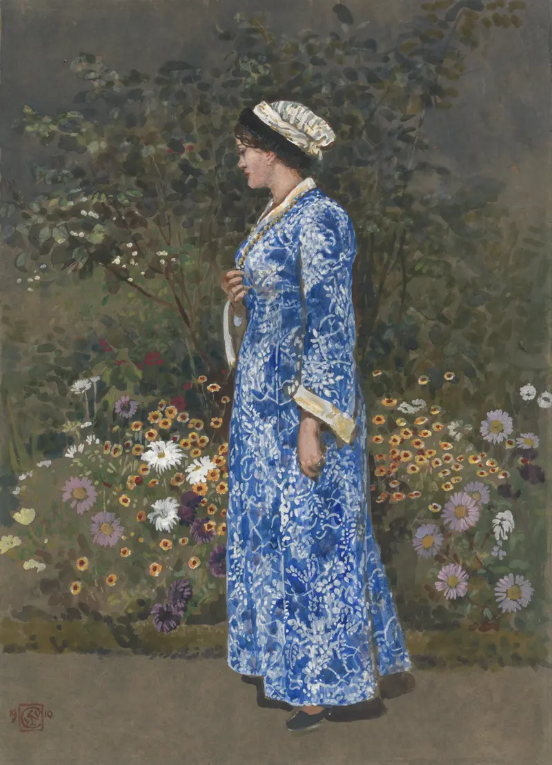 Walter Crane's 'Woman in a Kimono' showcases a woman in traditional attire with intricate patterns.