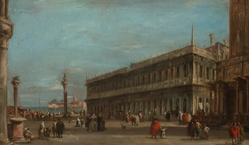Rococo oil painting by Francesco Guardi depicting the Libreria and Piazzetta in Venice