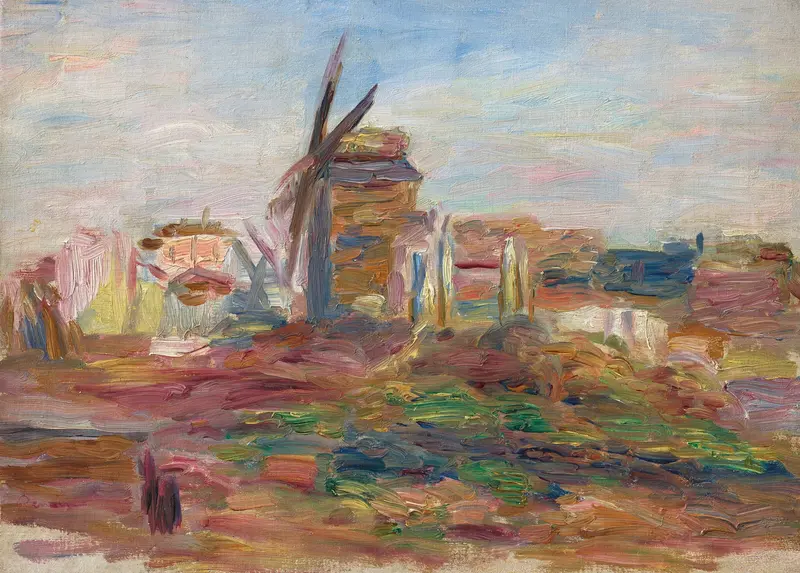 Moulin sur la colline de Montmartre by Pierre-Auguste Renoir, oil painting depicting sunlight filtering through trees.