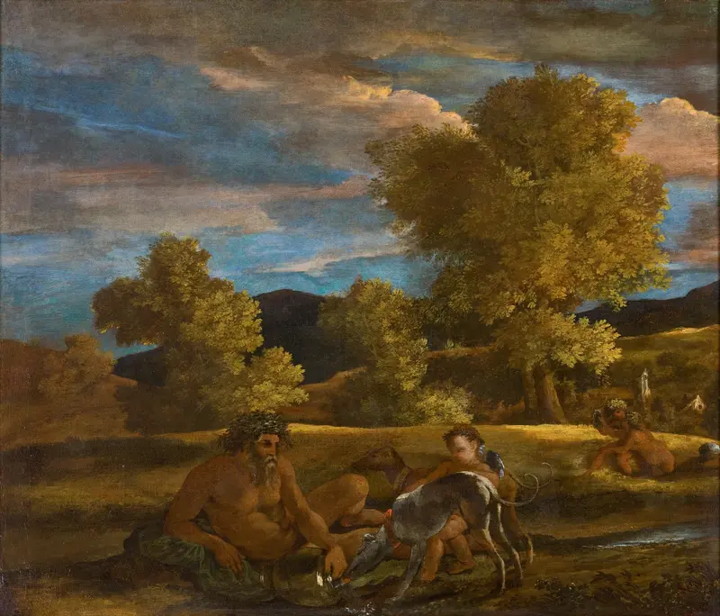A serene landscape featuring a river god amidst lush countryside.