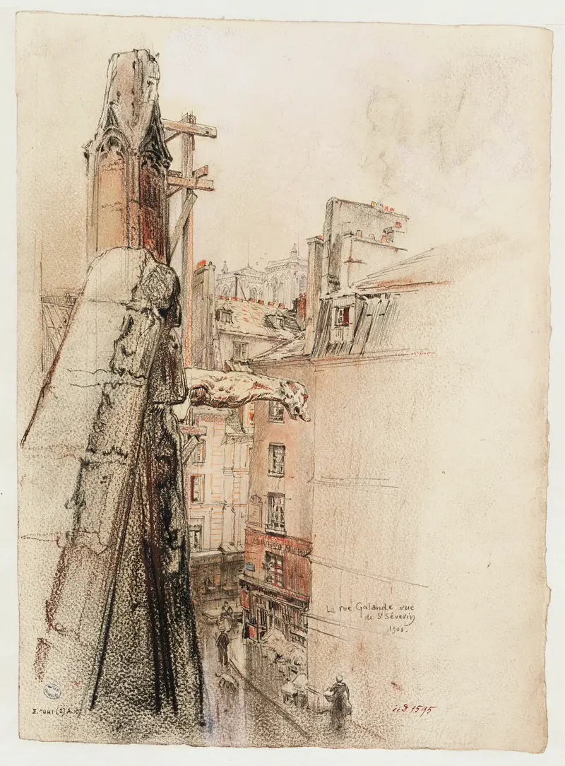 Rue Galande, 1906 by Charles Jouas, oil painting depicting rooftops and light.