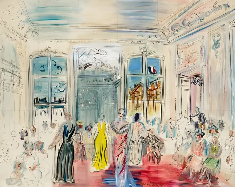 Raoul Dufy's painting 'Une présentation chez Schiaparelli' captures a lively fashion scene.