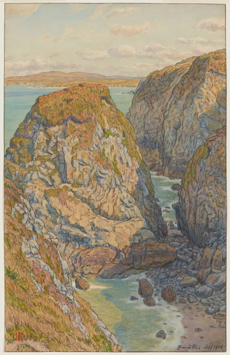 Watercolour by Henri Rivière depicting cliffs and sea at Douarnenez