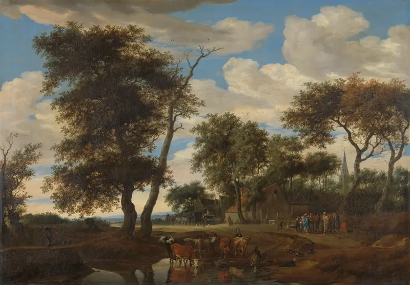 View of a village by Salomon van Ruysdael, oil on canvas depicting cottages and a river