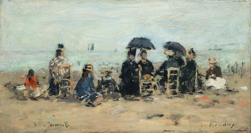 Marine scene with beachgoers and waves, oil painting by Eugène Boudin