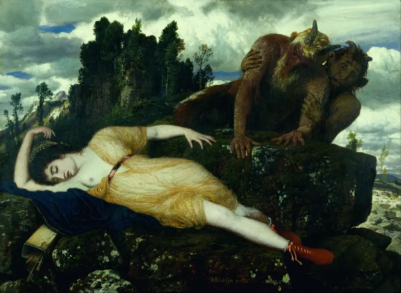 Diana sleeps in a golden gown, watched by two curious fauns among dense foliage.