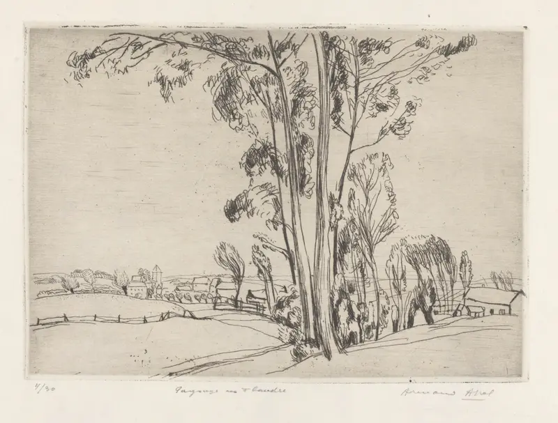 A serene landscape featuring tall trees, fields, and distant farmhouses under a vast sky.