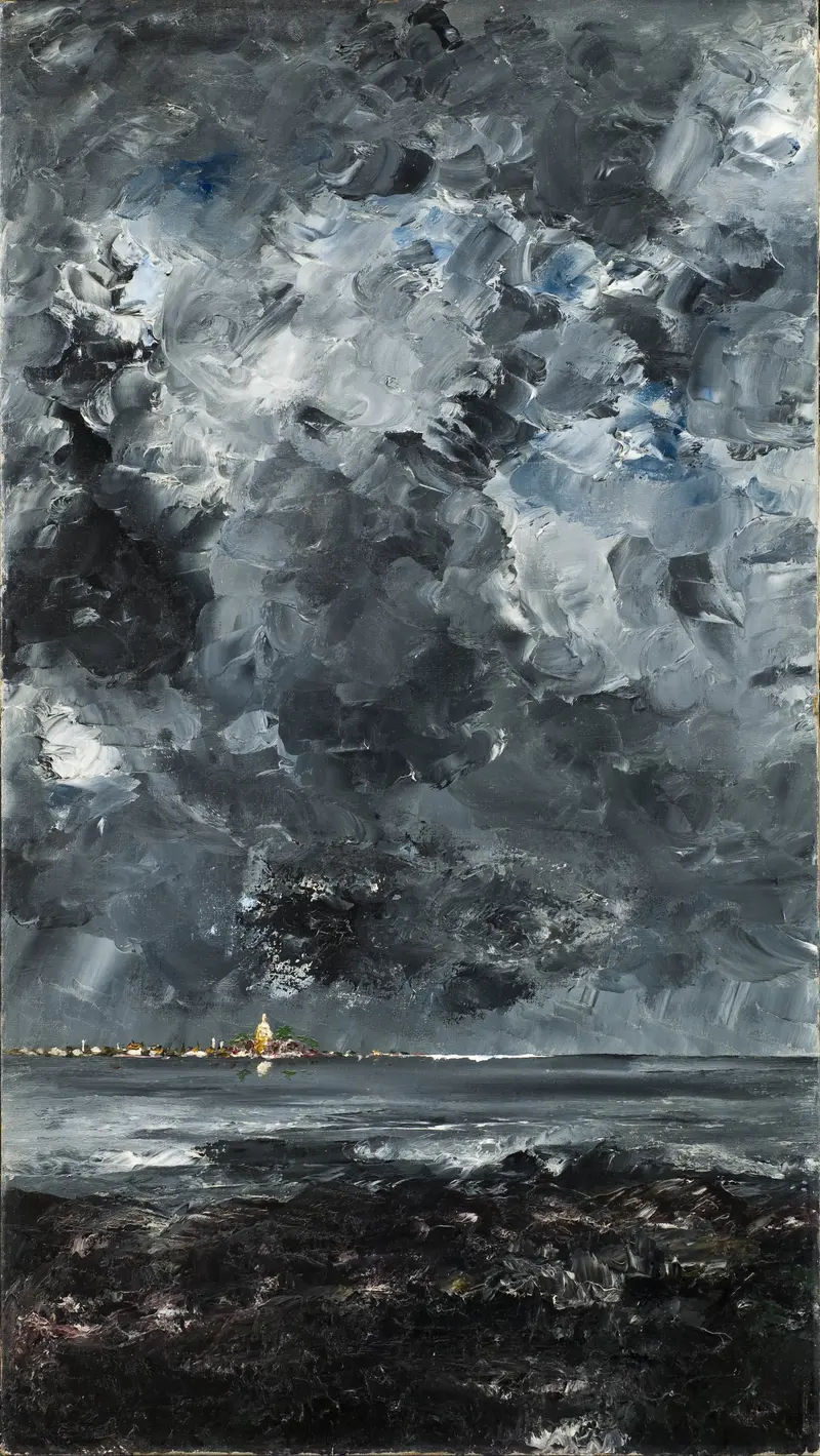 Landscape depicting a town under a dark sky, oil painting by August Strindberg