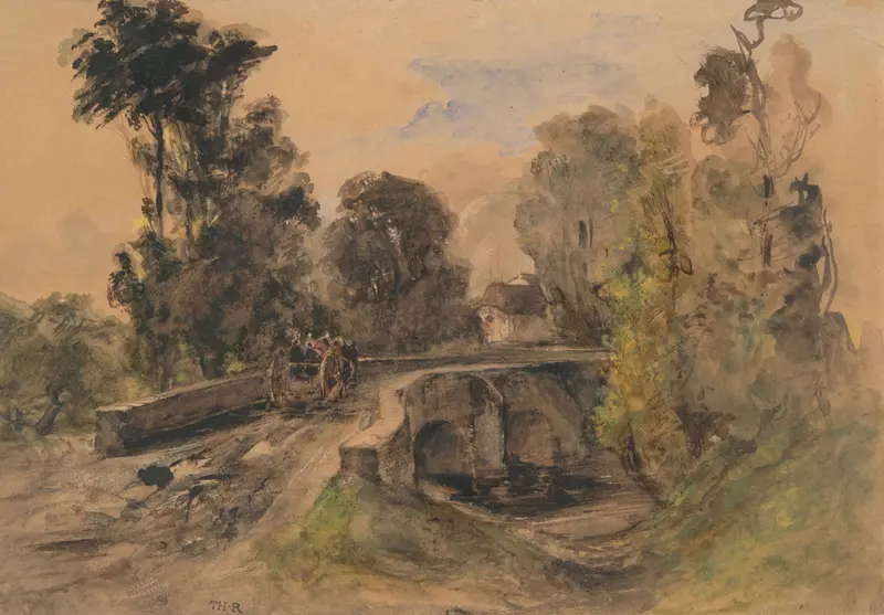 The Stone Bridge, oil on canvas by Théodore Rousseau, depicting a bridge over a river in a forest.