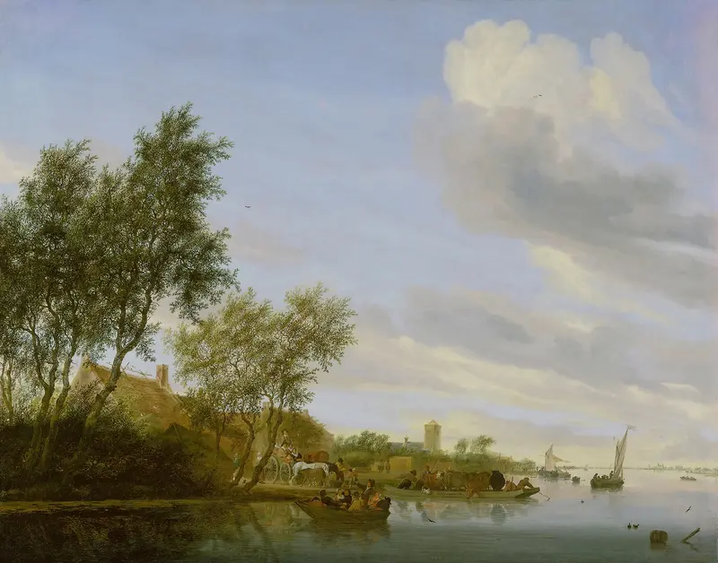 River landscape with a ferry by Jacob Salomonsz. van Ruysdael, oil on canvas