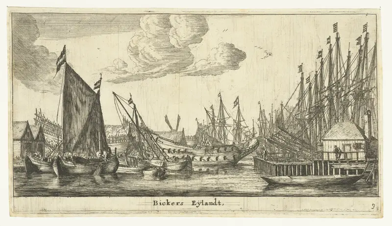 Bickerseiland by Reinier Nooms, etching depicting a tranquil landscape with a river and village