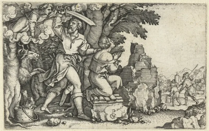 Engraving by Georg Pencz depicting Abraham and Isaac in a religious scene