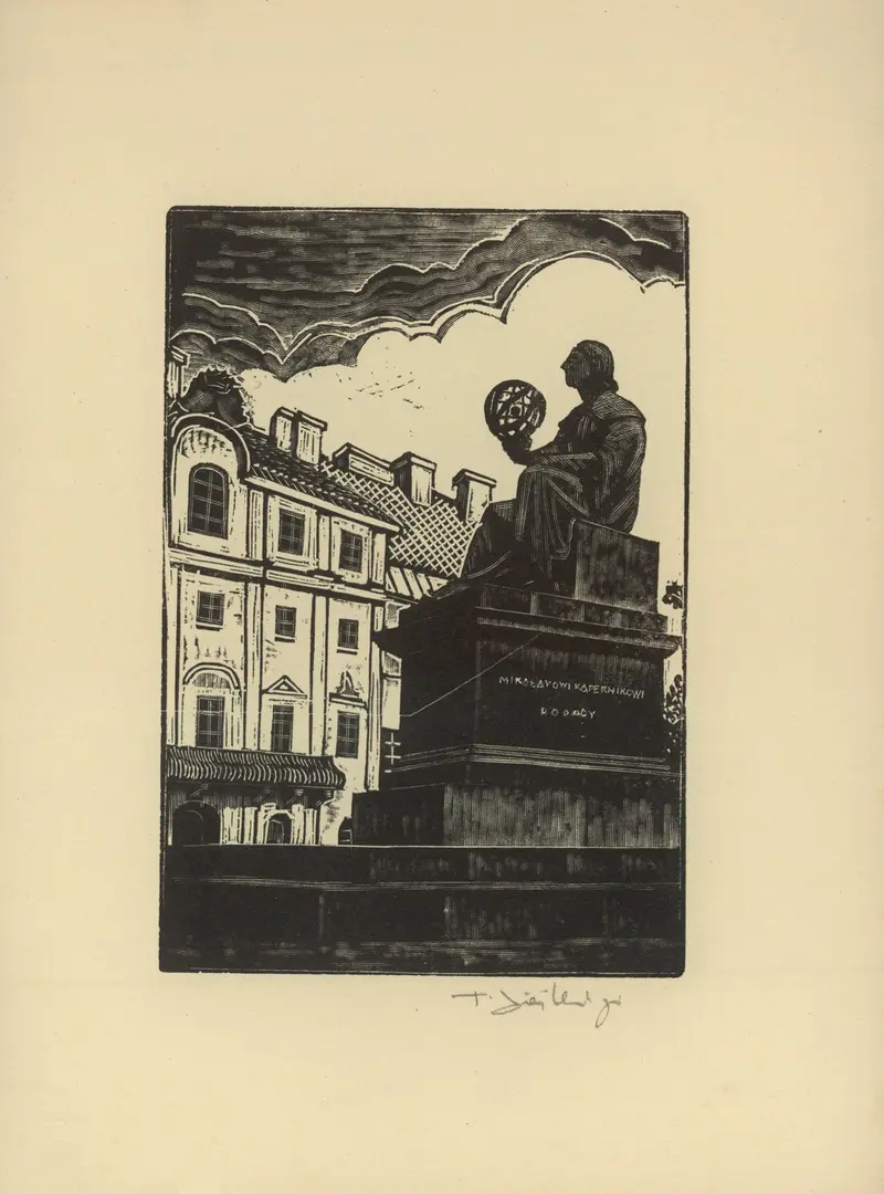 Pomnik Kopernika by Tadeusz Cieślewski, a figurative sculpture depicting Copernicus in an unknown medium.